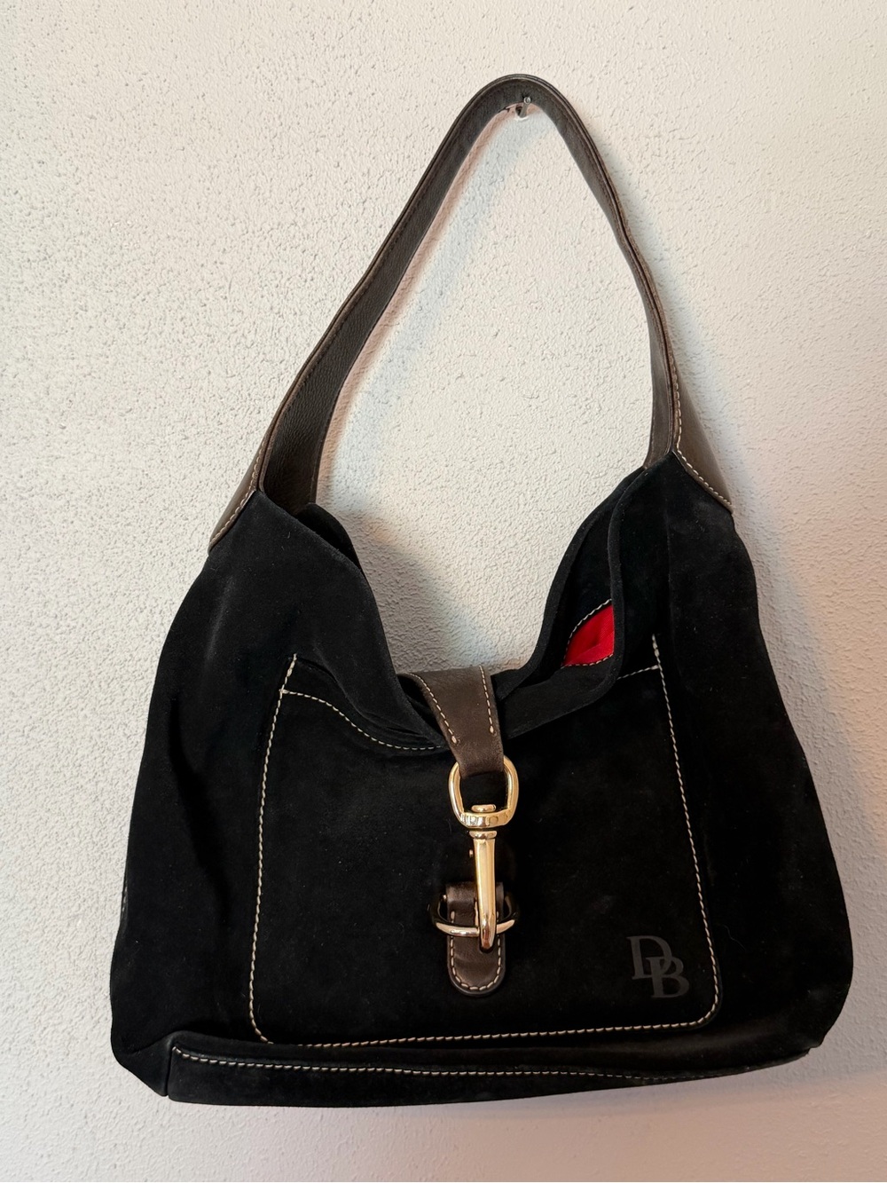 Dooney & Bourke Black Suede Shoulder Bag with Gold Hardware